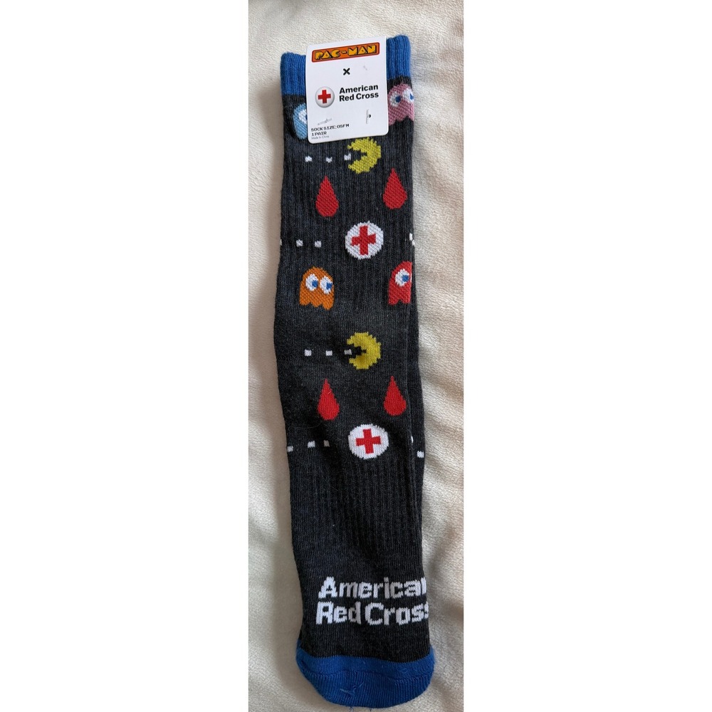 Pac-Man‎ x American Red Cross Crew Socks Gray Gaming Blood Donor Promo OSFM New
